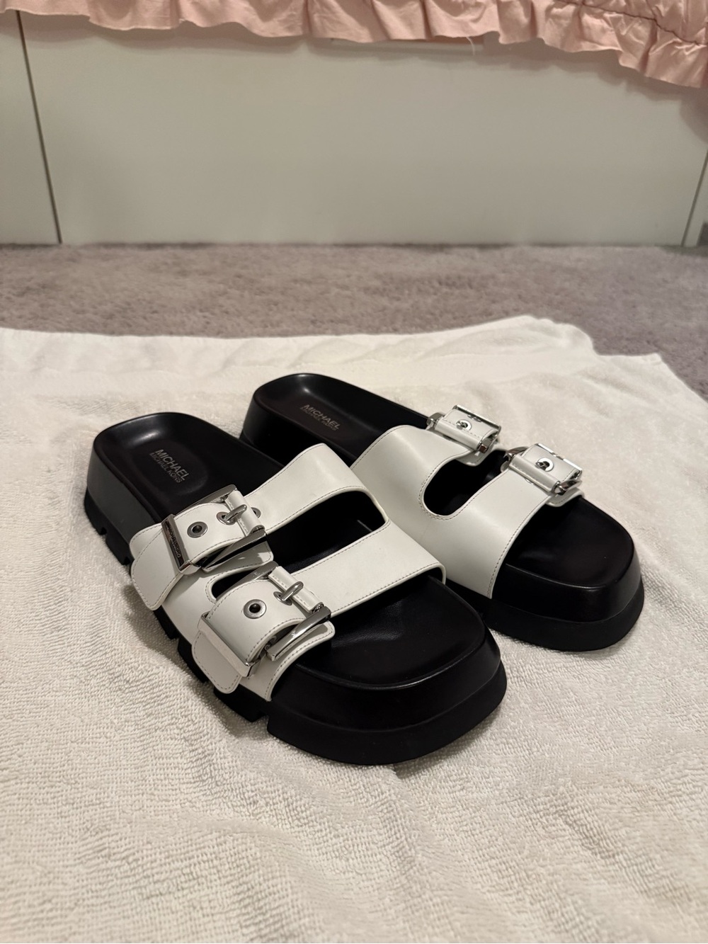MICHAEL Michael Kors White Leather Double-Buckle Platform Sandals